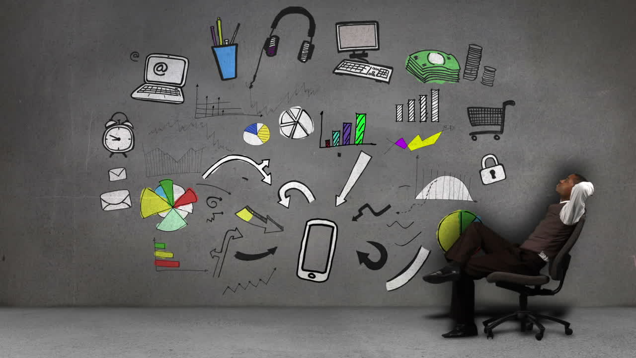 hombre de negocios sentado frente a la animación del comportamiento del consumidor