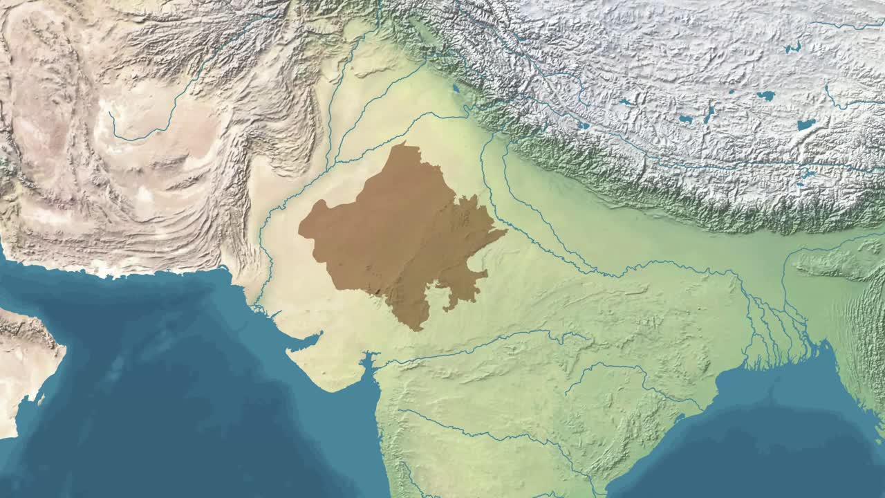 zoom en mapa de satélite animado del estado o provincia de rajasthan de la india con área reveladora