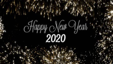 looping happy new year 2020 social post card with gold animated fireworks on elegant black background.loop celebration english language concept. loopable animation for festive holiday event