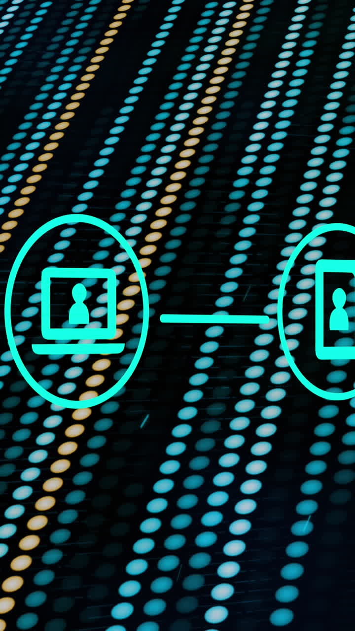 animación de iconos sobre fondo negro con líneas verdes y amarillas