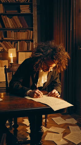 composer writing music in an old library