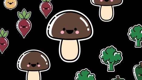 Animation-of-mushrooms-and-vegetables-moving-on-black-background