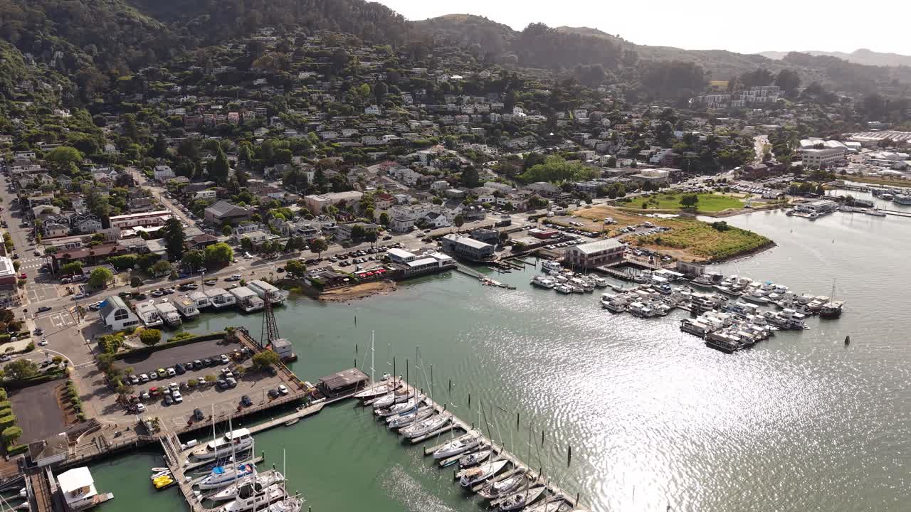 Aerial View of Sausalito, California USA, Harbor Marina, Boardwalk and Hillside Buildings and Homes