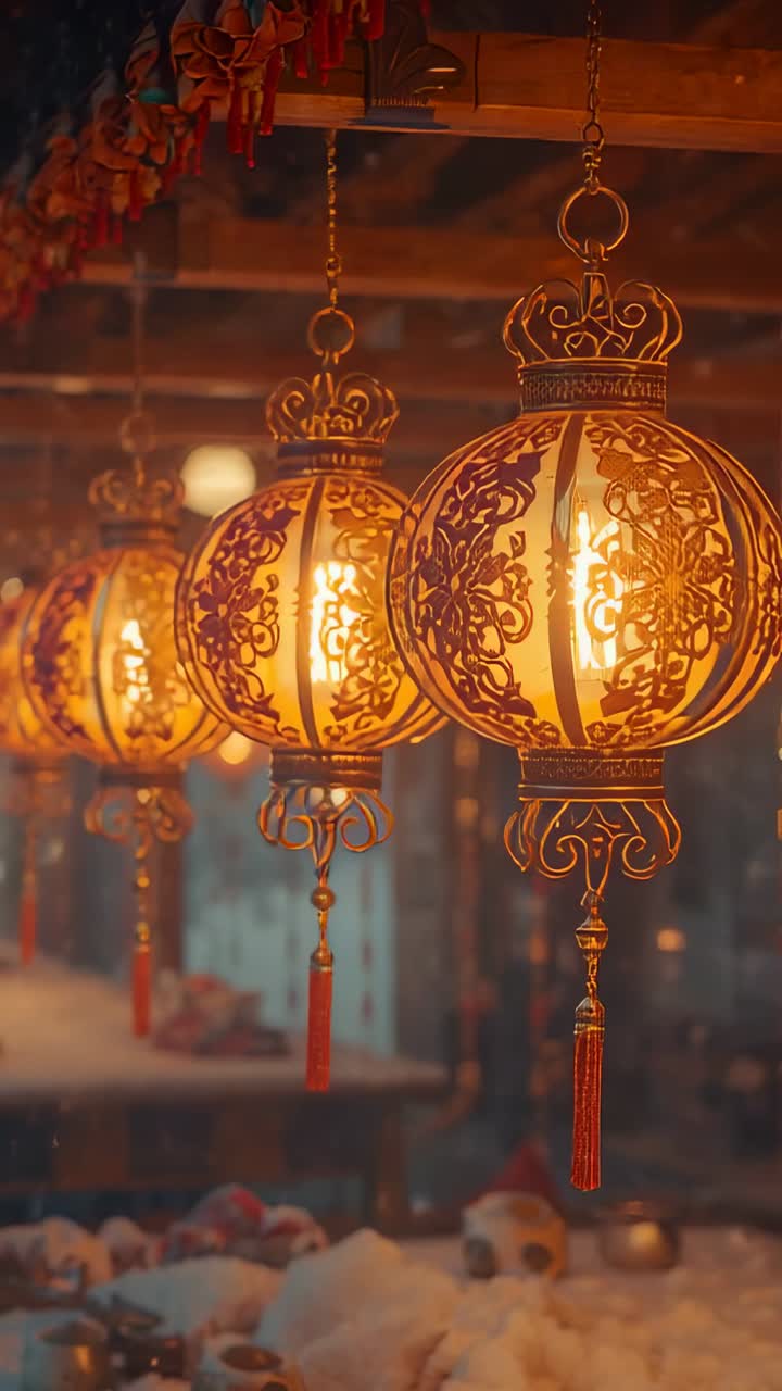 Vertical video: Metal lanterns swaying on wooden beam in workshop, with red tassels