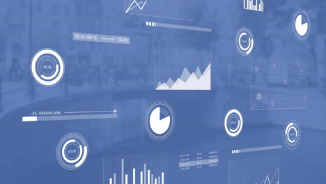 Animation-Von-Diagrammen-Zur-Datenverarbeitung-über-Einer-Blauen-Stadtlandschaft