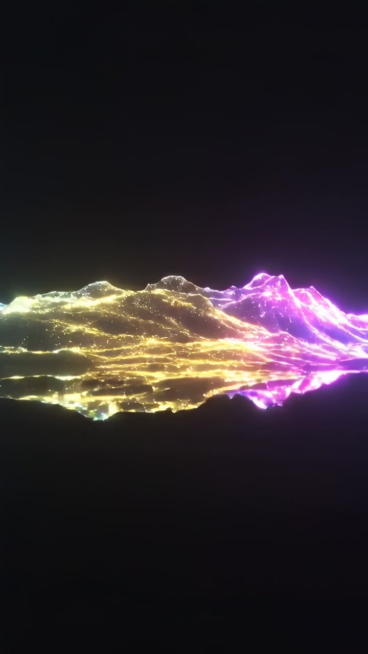 Vertical video: Pulsing neon ridge merging and reflecting in dark void, forming gold-veined range