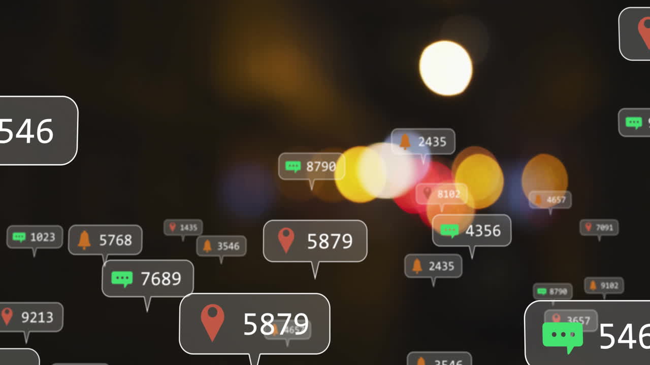 Social media notifications and location pins animation over blurred city lights background