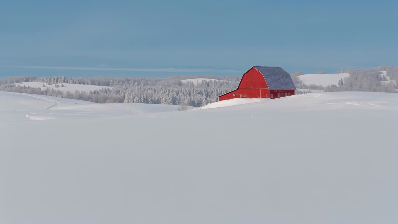 Moving camera slowly revealing red gambrel-roof barn on ridge at rural winter snowfield, copy space