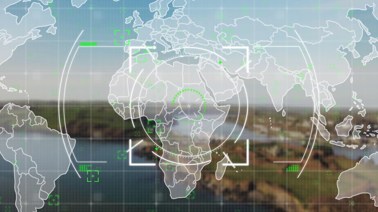 Animation of world map and financial data processing over cityscape