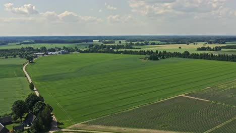 Aerial-of-farm-house,-country-roads,-fields-and-trees