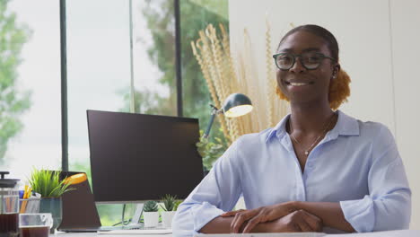 portrait of smiling businesswoman working from home office sitting at desk