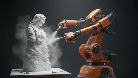 a cutting-edge robotic sculpture process: capturing the moment as a robotic arm meticulously crafts a marble statue with precision and detail