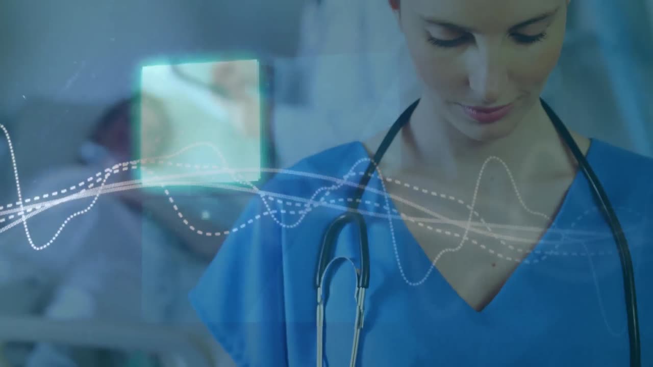 animazione dell'elaborazione dei dati su una dottoressa caucasica