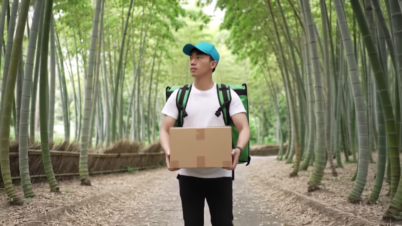 A person walks along a winding path in a lush bamboo forest, carrying a large cardboard box. Tall bamboo stalks surround them, creating a serene atmosphere.