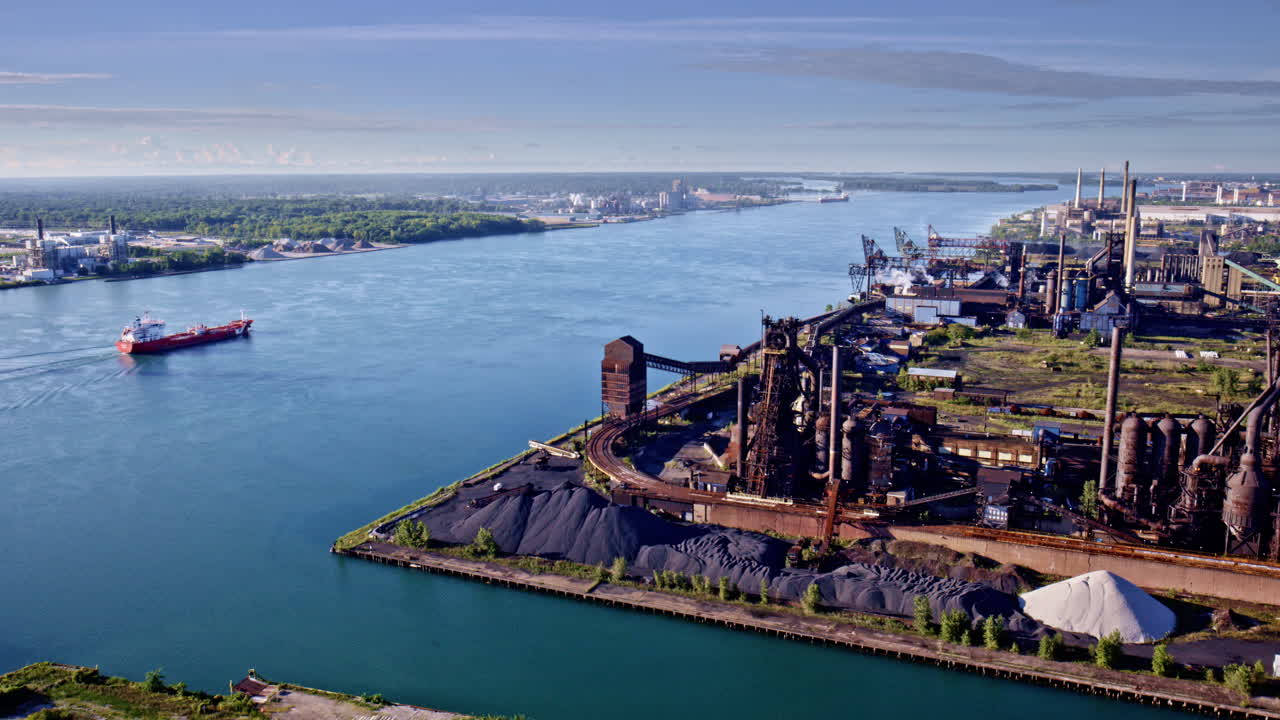 Cinematic drone sequence orbiting the grand bridge spanning the border of the United States and Canada