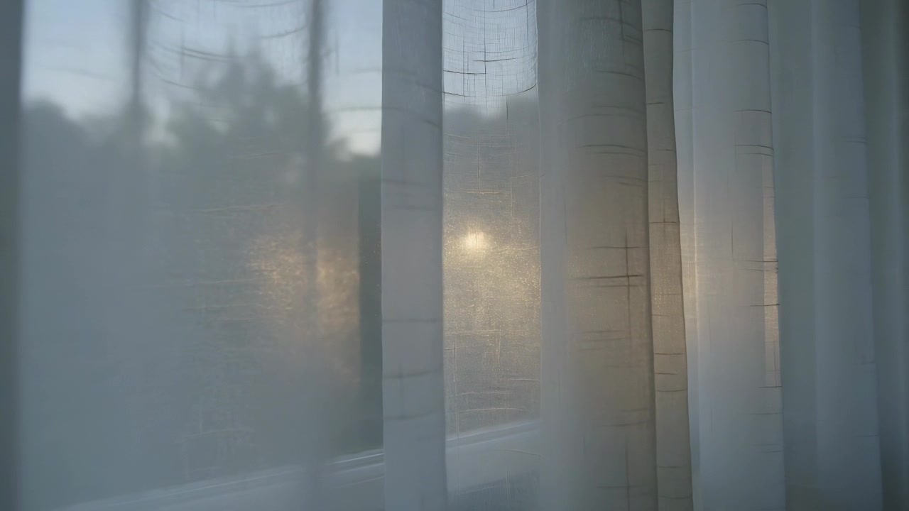 Swaying sheer curtain with vertical folds drifting from breeze at room window, revealing warm light
