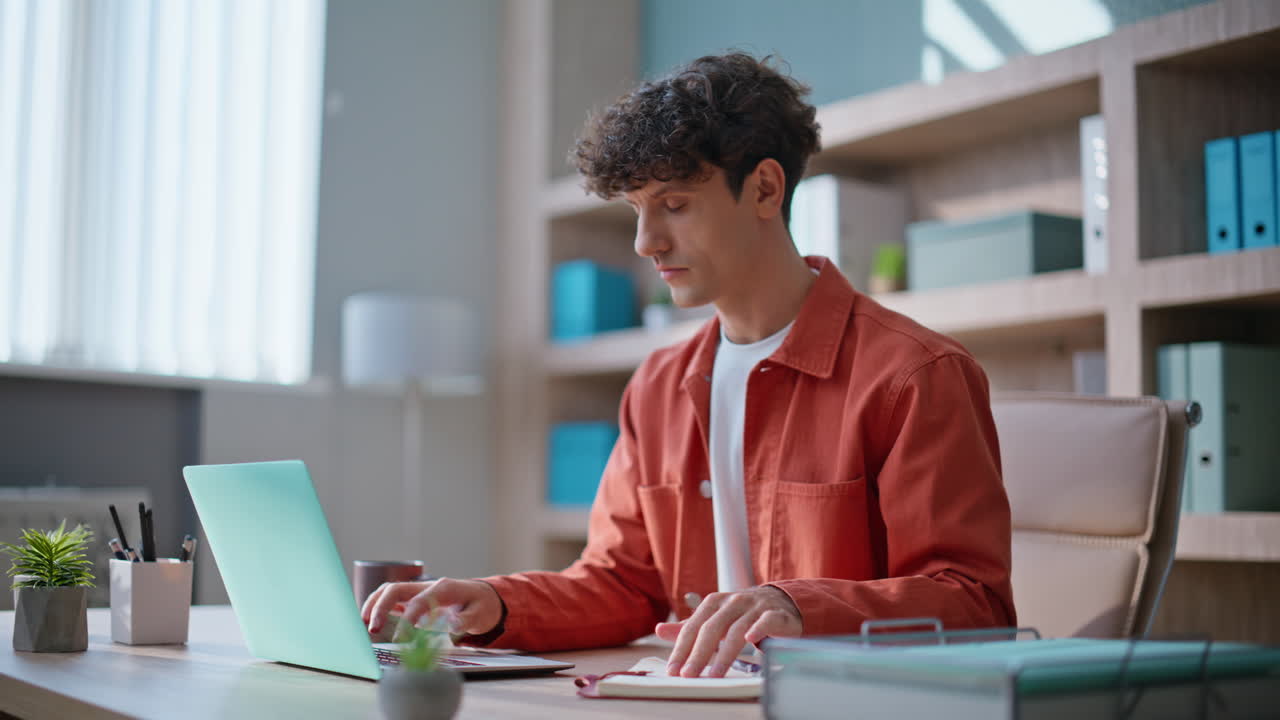 Office specialist analyzing project sitting workplace. Serious businessman