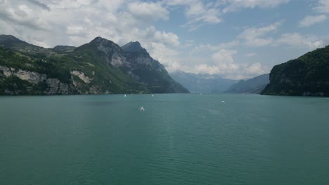 boats on the lake in gäsi betlis, walensee glarus, weesen walenstadt, switzerland- drone