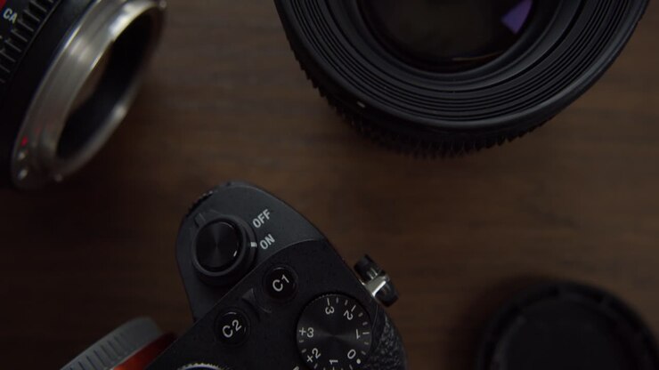 Close-up body and lenses camera DSLR prepared before photoshoot
