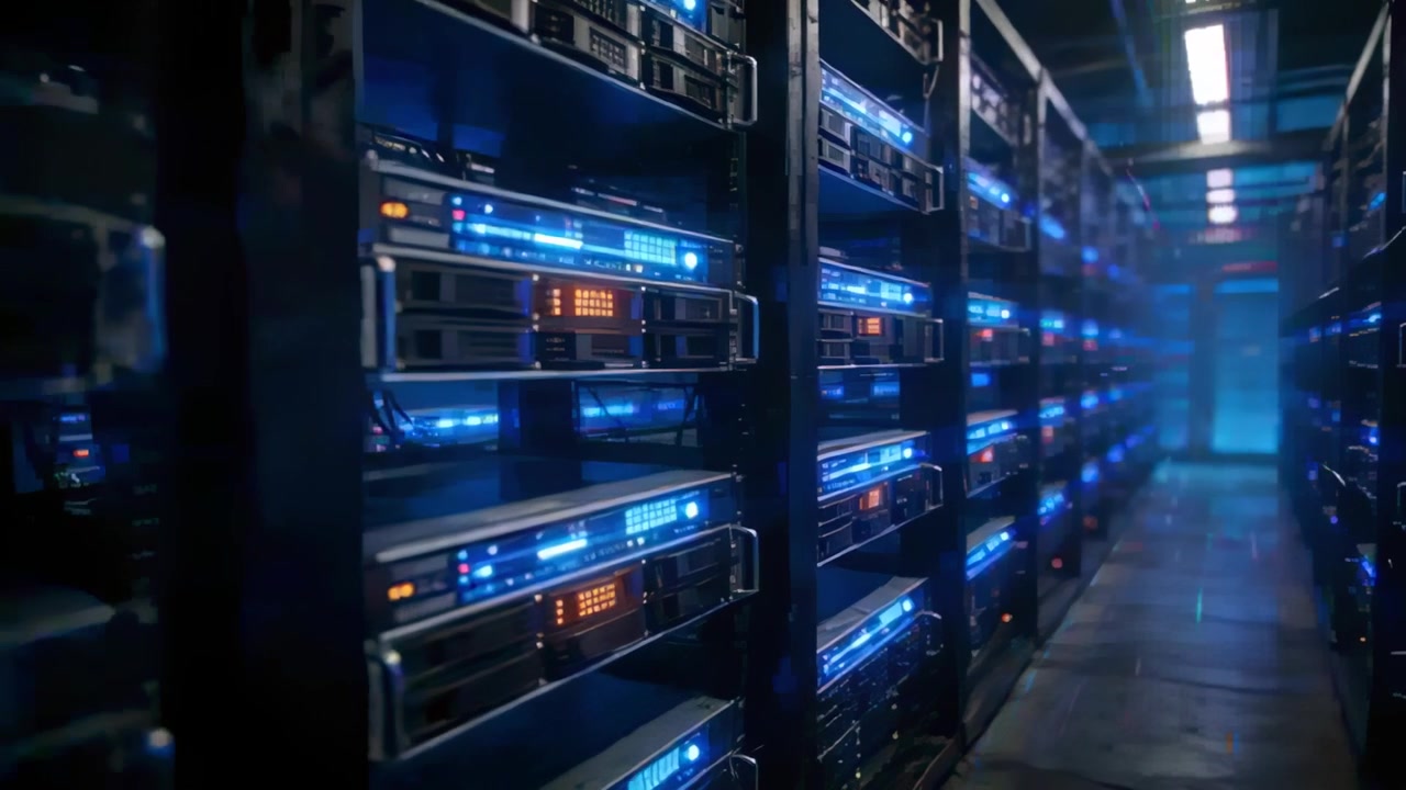 Carrello della telecamera che inizia a scorrere lungo il corridoio del datacenter, mostrando i server rack e i LED lampeggianti di monitoraggio.