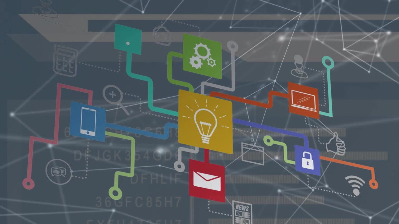 Rete digitale animata che collega varie icone di tecnologia e business
