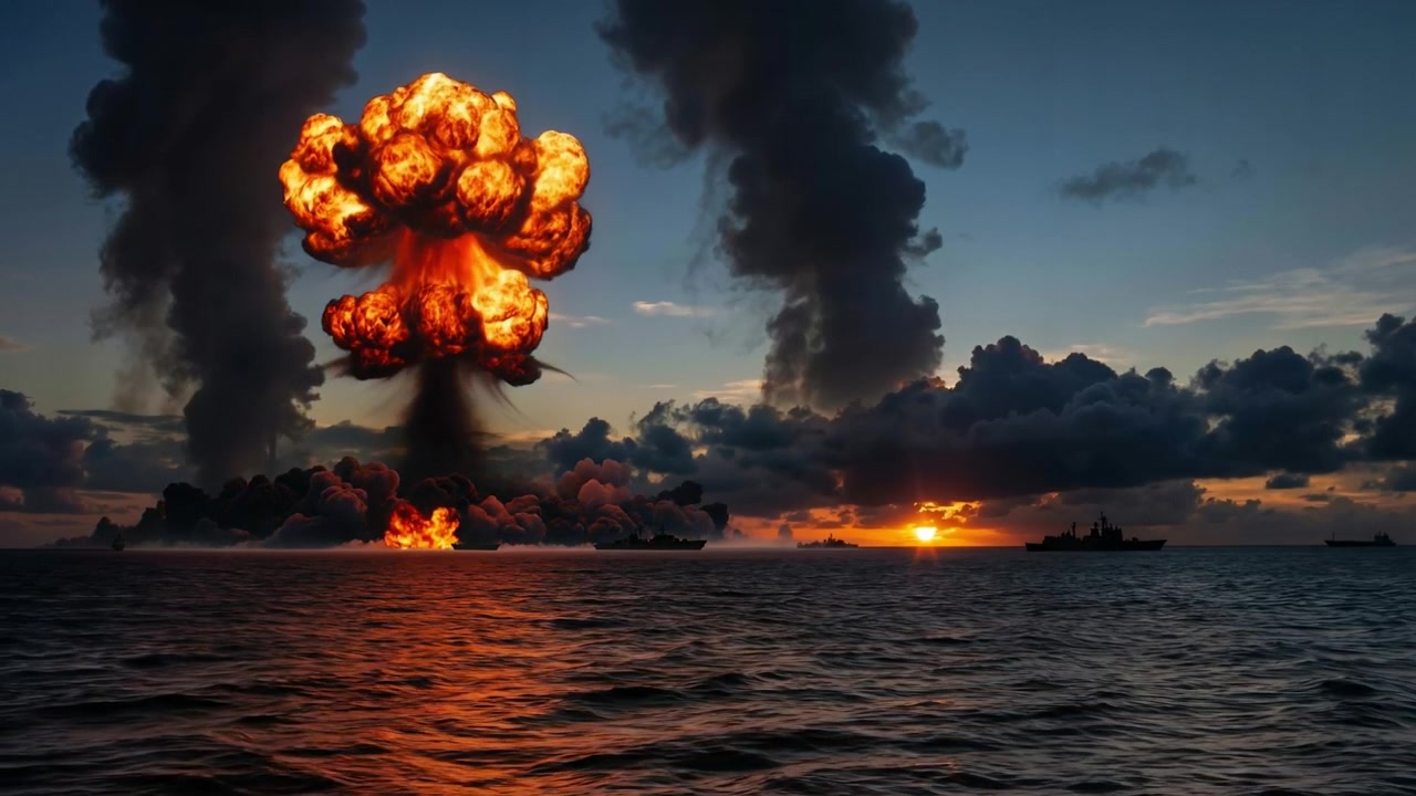 Grande explosão de fogo com uma espessa nuvem de cogumelo sobre o oceano durante um pôr do sol escuro.