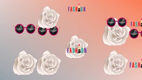 Animation-of-fashion-text-sunglasses-and-rose-repeated-on-orange-background