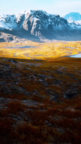 mountain landscape with snow-capped peaks and a grassy valley