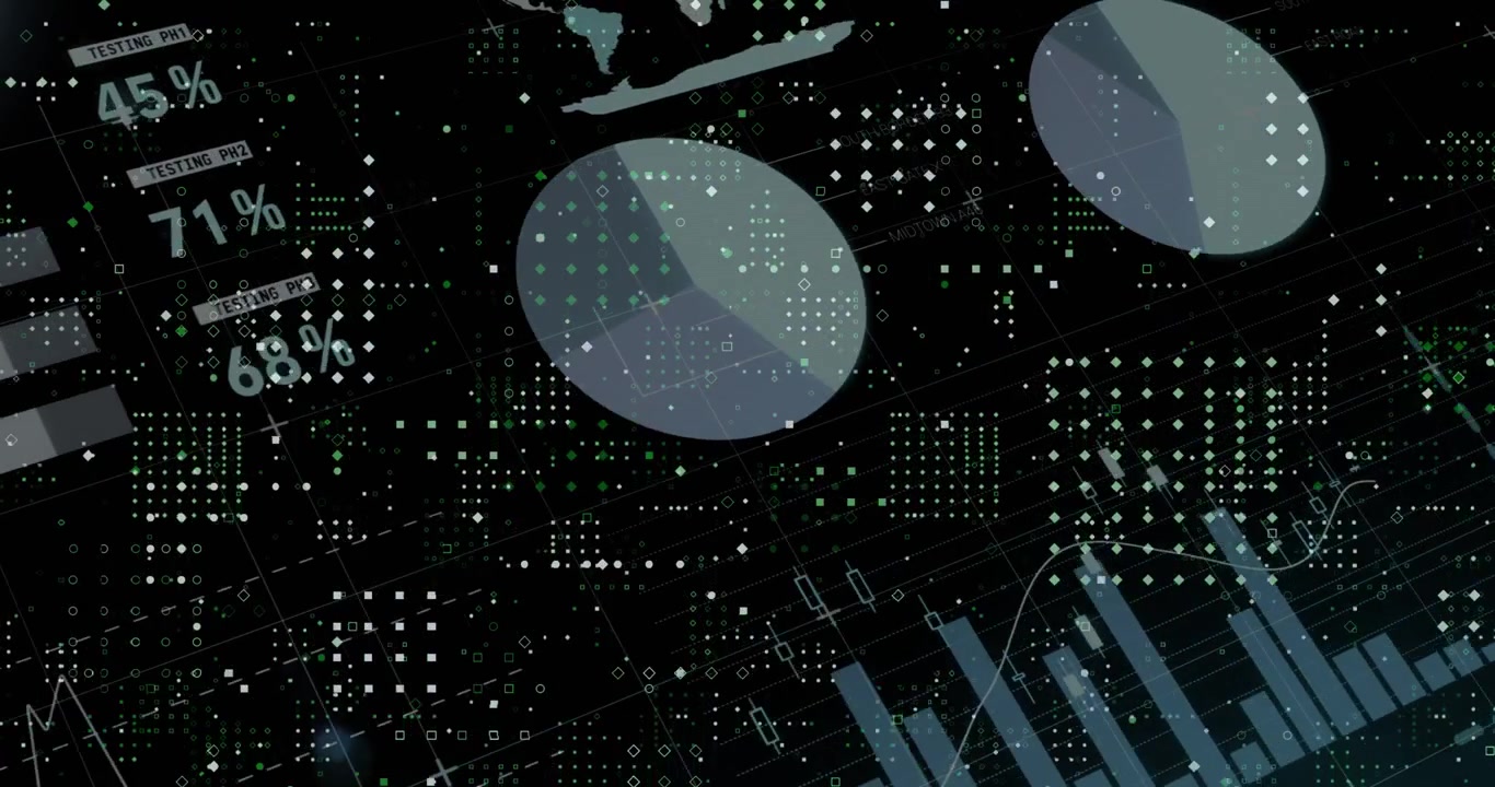 Animation of dots forming abstract pattern over infographic interface against black background