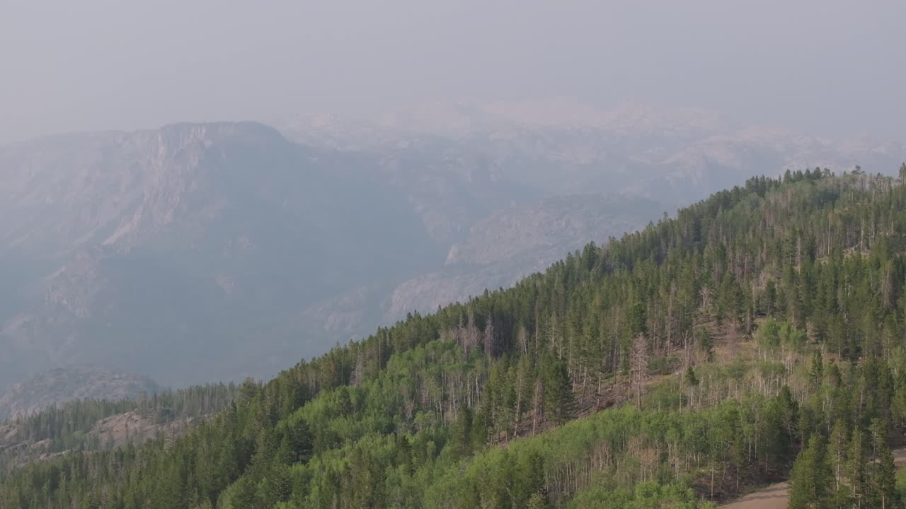 laderas boscosas exuberantes de la cordillera del río viento en wyoming con vistas borrosas a las montañas lejanas