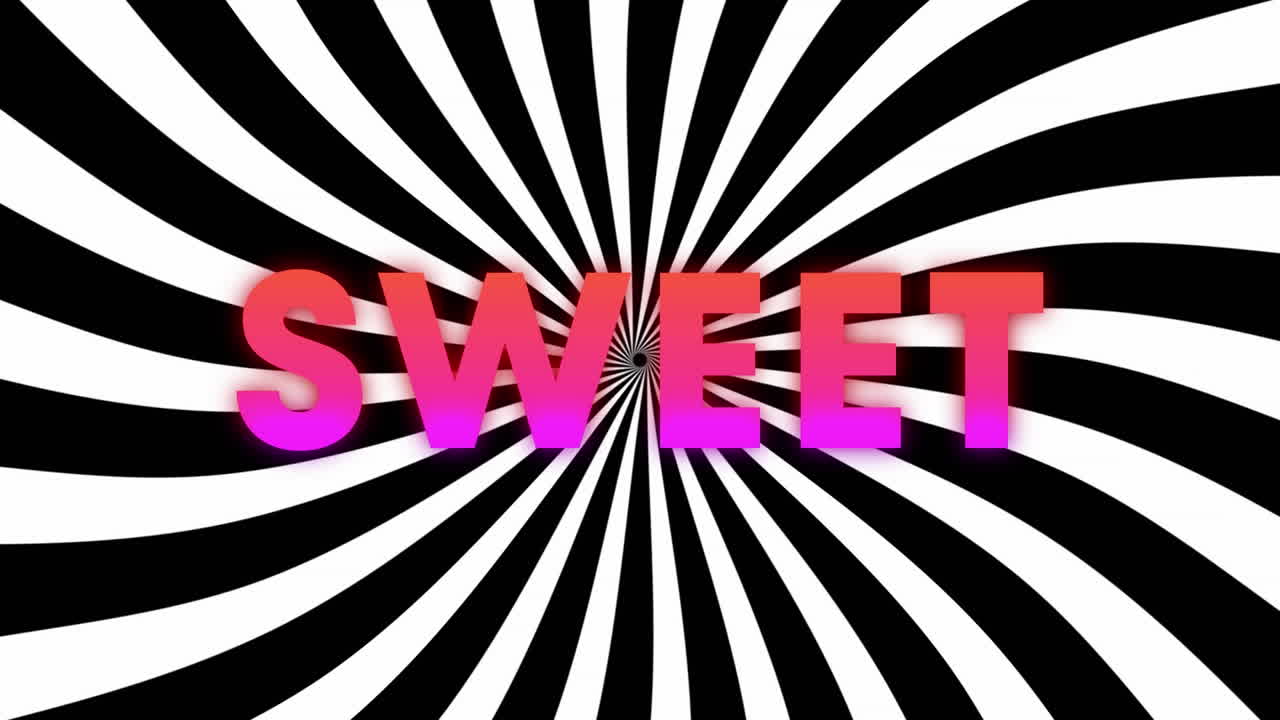 Animazione della scritta "sweet" in testo rosa e viola con strisce bianche e nere rotanti.