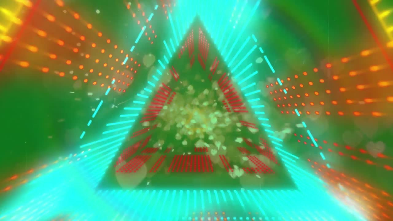 녹색 바탕에 그리드와 떨어지는 심장 및 기하학적 모양의 애니메이션