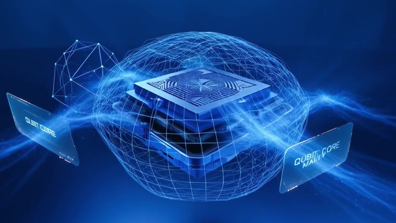 Futuristic Quantum Processor Chip with Digital Data Visualization