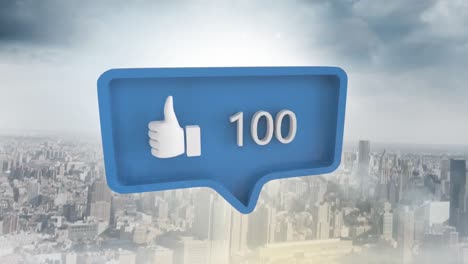 Animation-of-speech-bubble-with-thumbs-up-icon-and-numbers-growing-over-cityscape