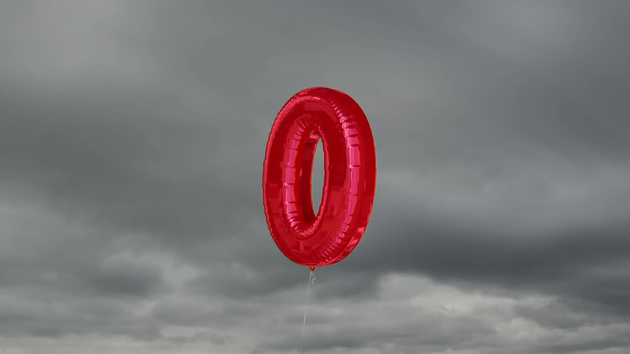 Animation of a number zero red balloon over sky in the background.