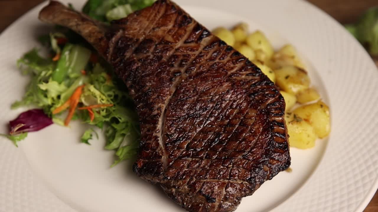 Bistecca Tomahawk alla griglia servita con patate arrosto e insalata fresca