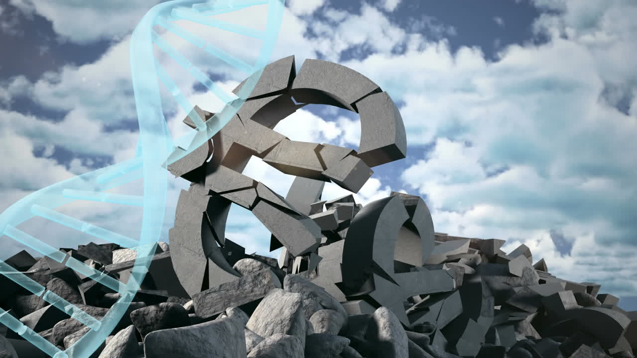 dna 구조가 부러지고 유로와 파운드 통화 기호가 파란 하늘의 구름에 대해 회전합니다.