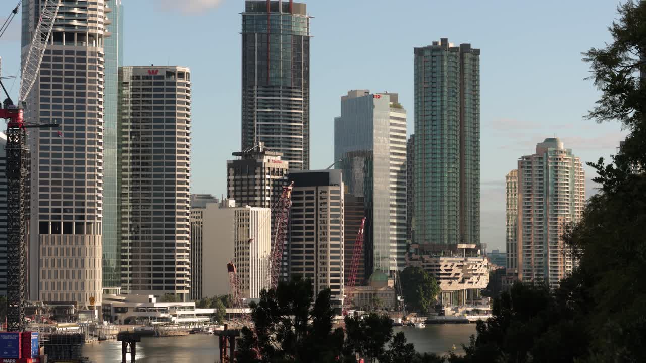 Medium view of Brisbane City and the Kangaroo Point Green Bridge construction, viewed from Kangaroo Point, Queensland, Australia