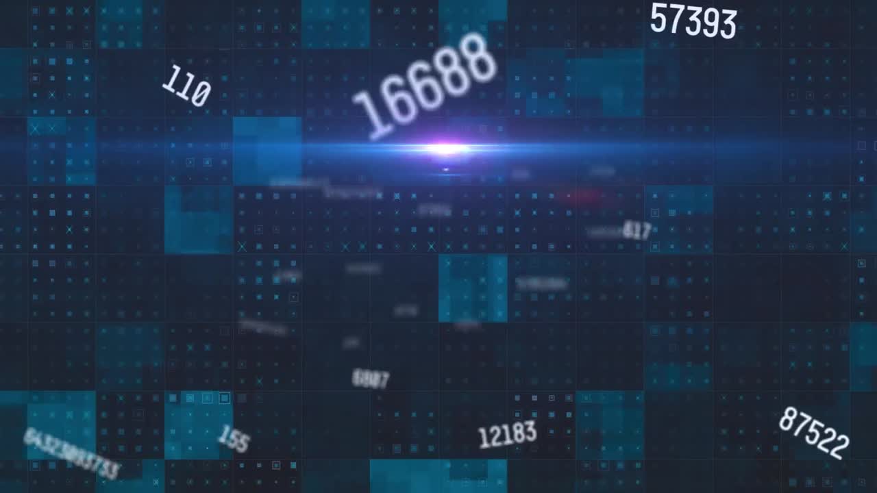 Animation of numbers and data processing over blue squares
