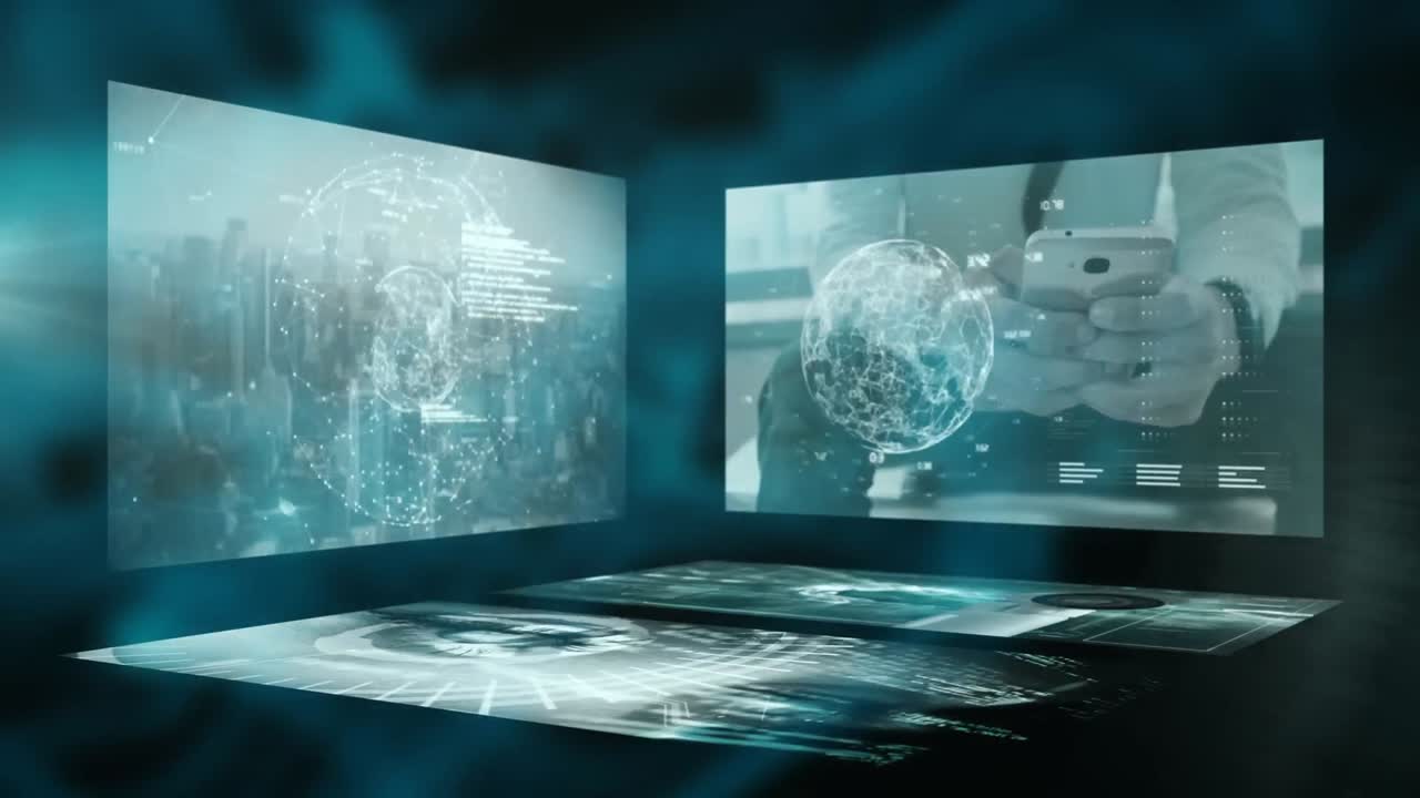 Animation of data processing over shapes on black background