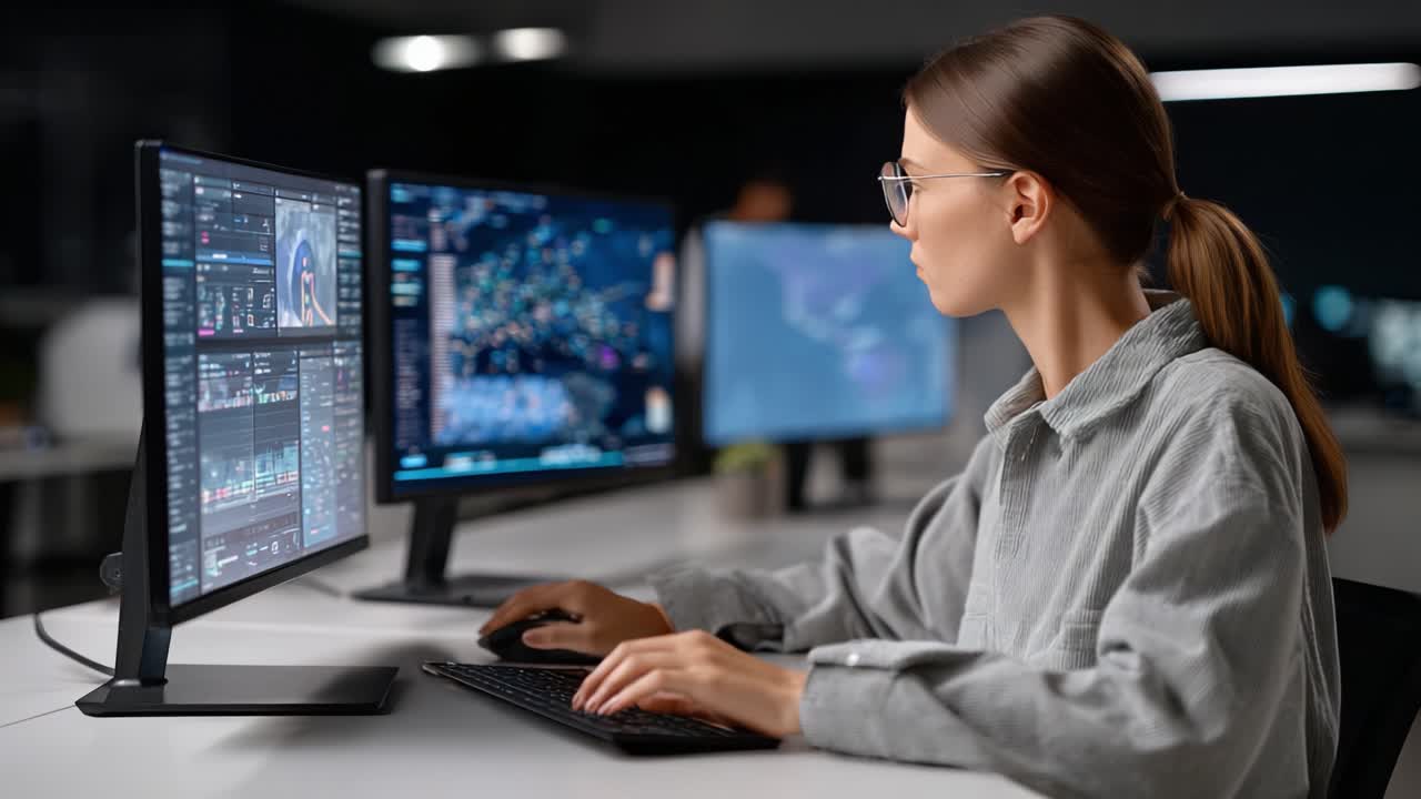 Focused Analysis in Progress: A Young Woman Engaged with Dual Monitors Displaying Data and Analytics in a High-Tech Environment