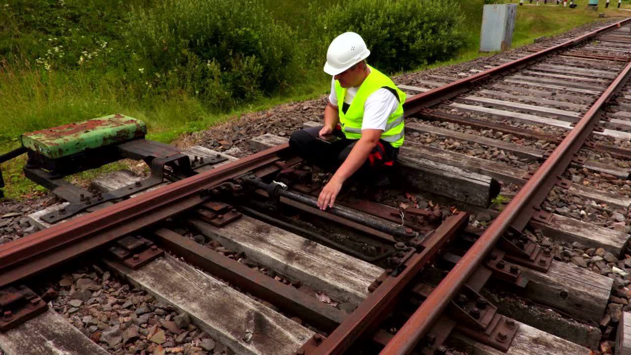trabajador que utiliza una tableta en las vías del ferrocarril