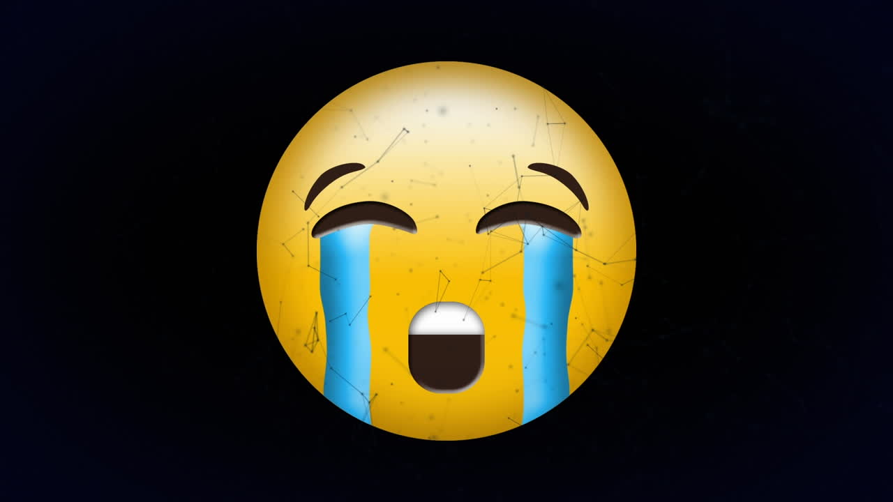 animación digital de una red de conexiones flotando sobre un emoji de cara llorando contra un fondo negro