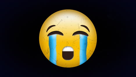 digital animation of network of connections floating over crying face emoji against black background