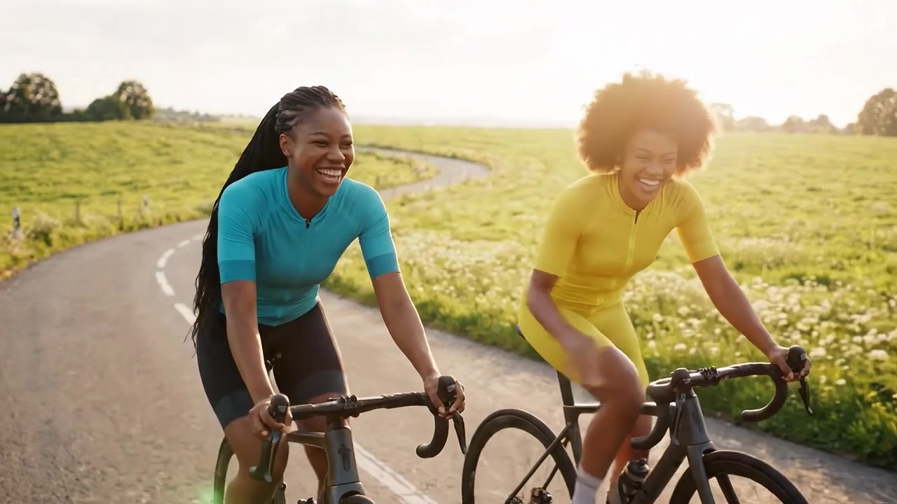 Two joyful women riding bicycles through a serene countryside landscape, laughing and enjoying their time together under the warm sunlight, promoting friendship and fitness.