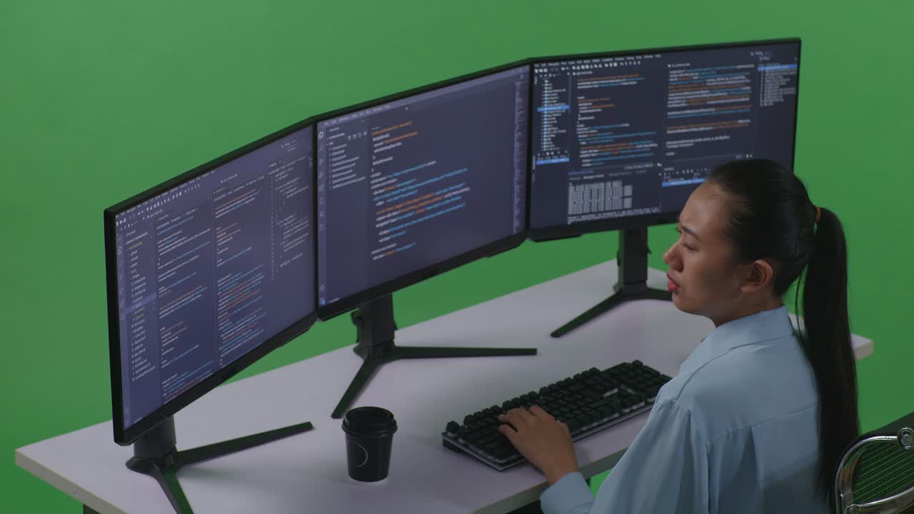 vista lateral de una desarrolladora asiática cansada bostezando antes de dormir mientras escribe código con múltiples pantallas de computadora en el estudio de pantalla verde