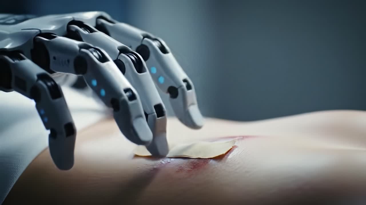 A robotic hand delicately interacts with simulated human skin, showcasing precision and technology in a high-tech laboratory. This demonstration highlights advancements in surgical robotics.
