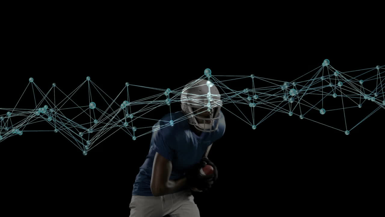 Throwing football, American player with digital animation of network connections