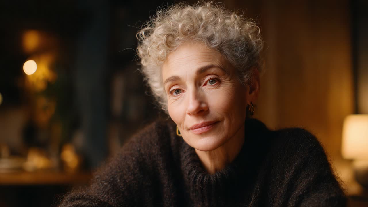 A Captivating Portrait of a Mature Woman with Curly Hair, Exuding Confidence and Wisdom, Captured in a Warm, Intimate Environment with Soft Ambience