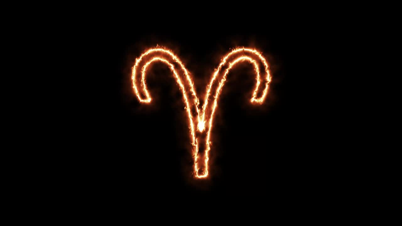 los signos del zodiaco aries en llamas. animación en un fondo negro letras 4k video está ardiendo en una llama.